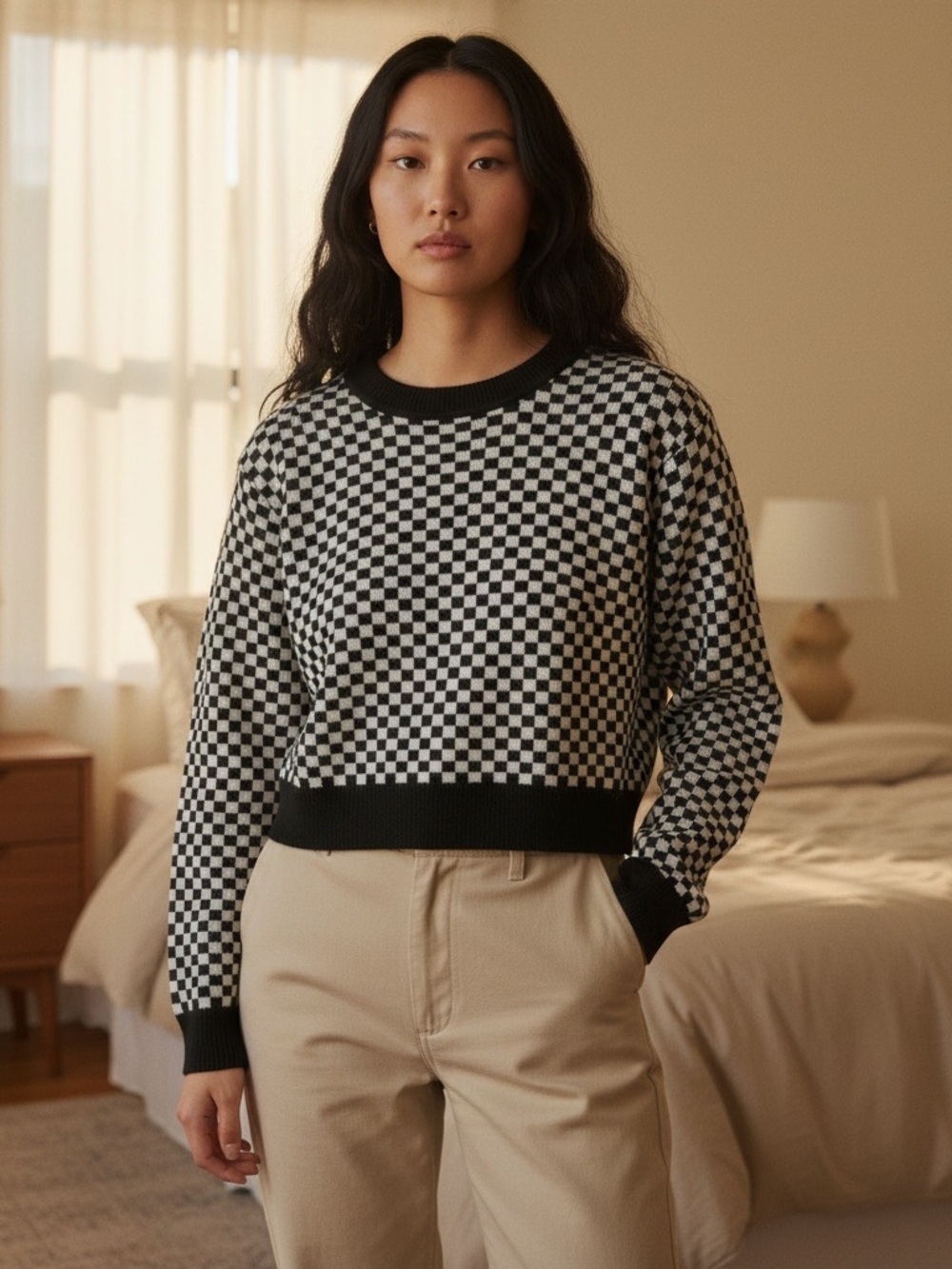 Women’s Checkerboard Crewneck Sweater - Black & White Crop